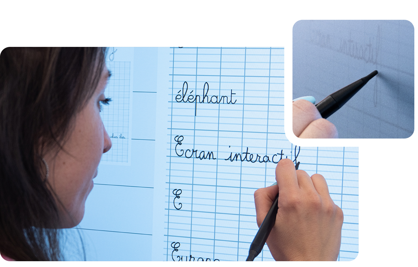 Der Touchscreen im Klassenzimmer bietet den Schülern die Möglichkeit, auf der interaktiven Tafel zu zeichnen und zu schreiben.