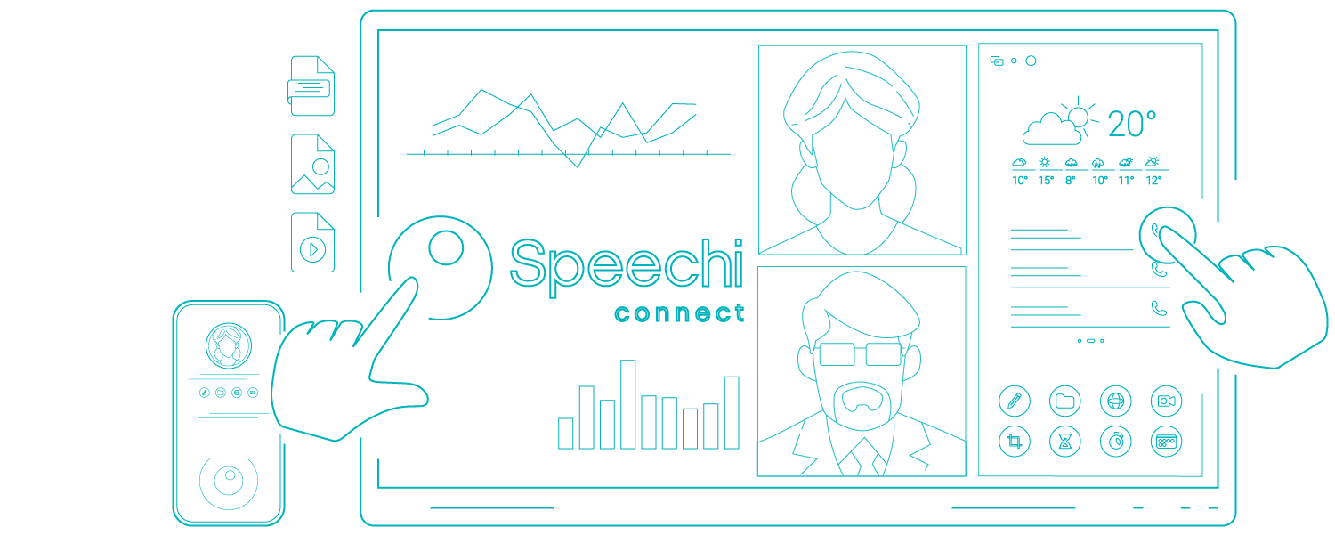 Die Speechi Connect-Erfahrung auf einem interaktiven Display mit seiner Schnittstelle seine angeschlossene und anpassbare Schnittstelle