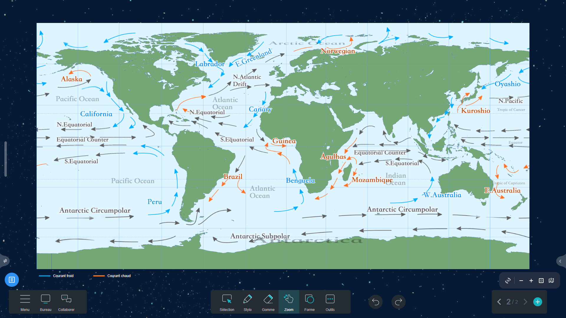 La carte des courants marins froids et chauds dans Iolaos (2D)