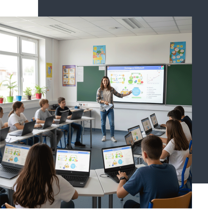 Participants access the screen content via an access code, and the lesson is automatically streamed to all connected tablets.