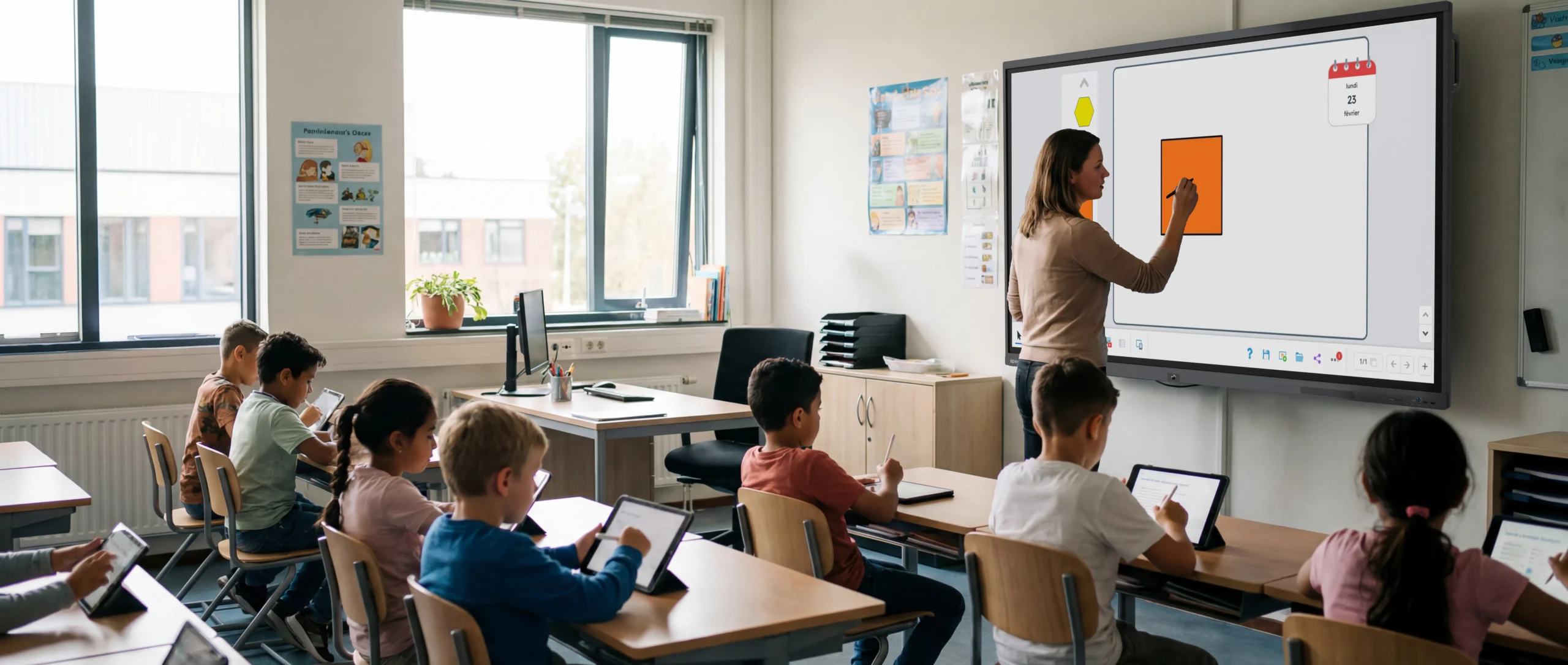Salle-de-classe-primaire-avec-ecran-interactif-et-Gynzy-tablettes-1-scaled