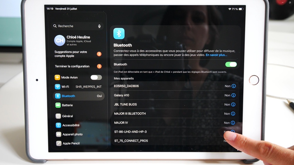 Liste des appareils disponibles à l'appairage Bluetooth sur votre iPad