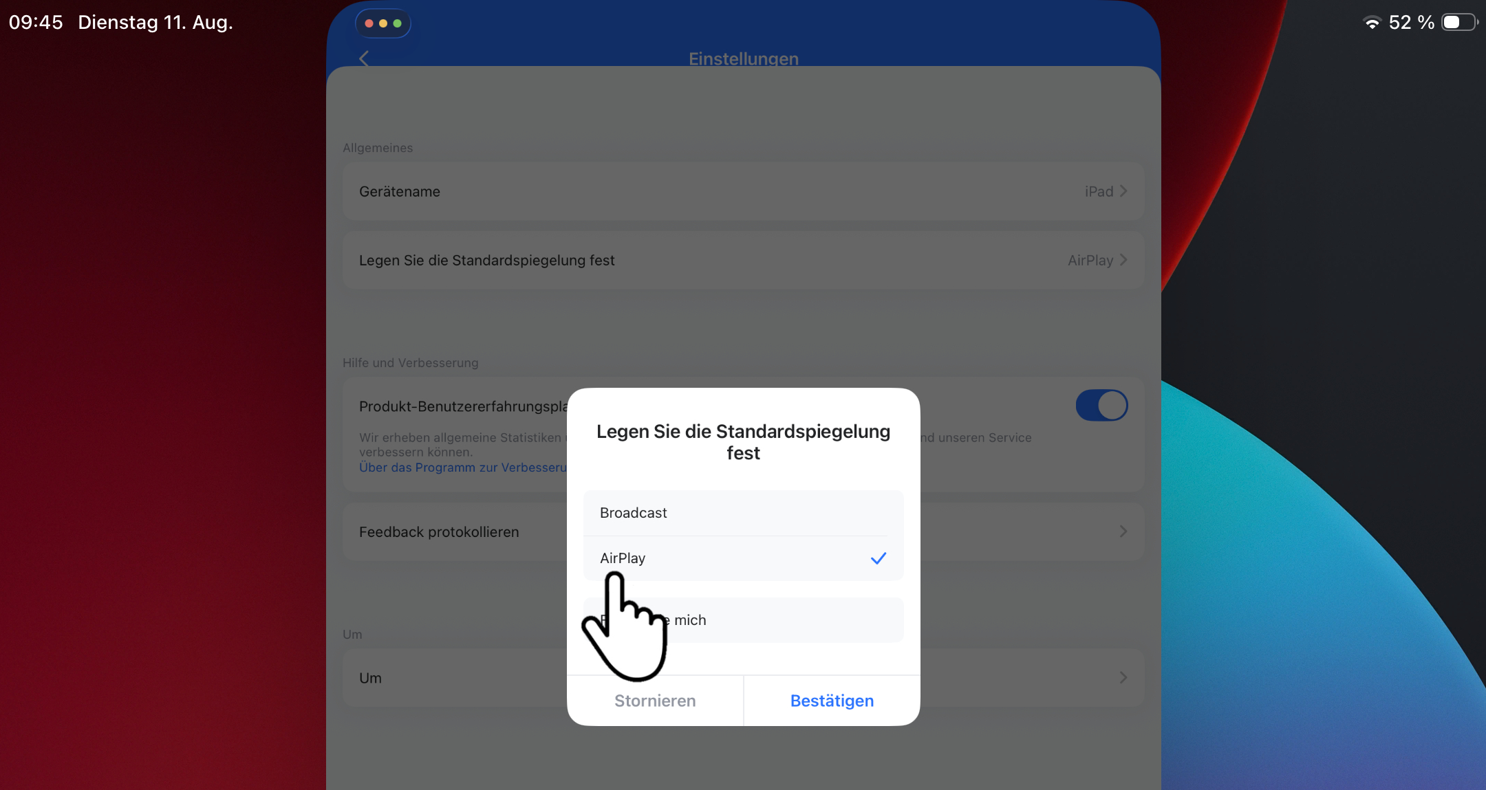 Überprüfen Sie, ob die Standard-Bildschirmspiegelung auf AirPlay eingestellt ist, und bestätigen Sie