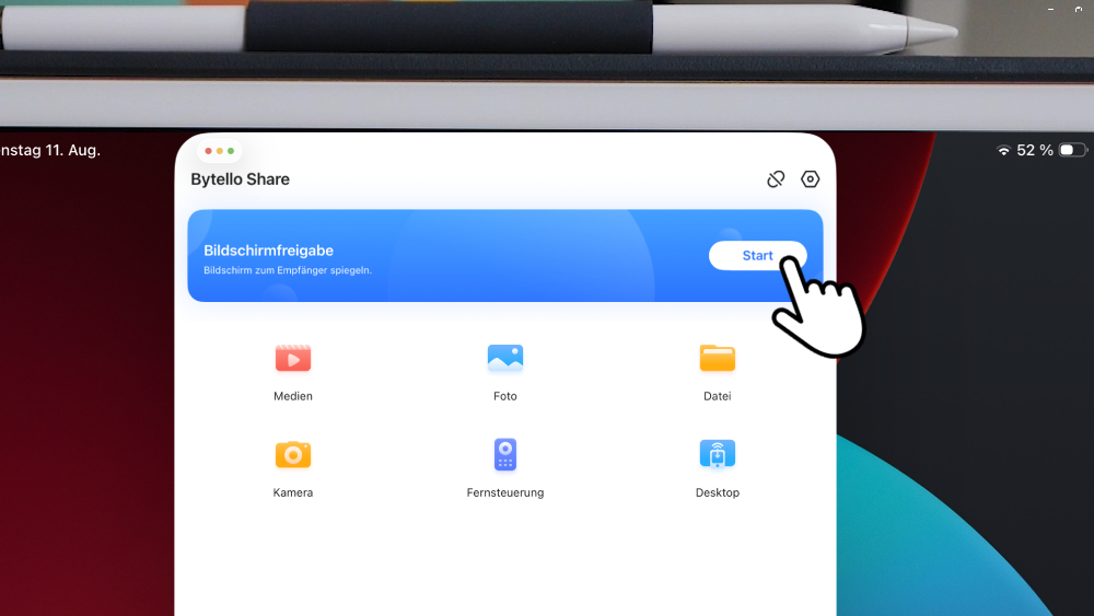 Um den Bildschirm Ihres iPads zu teilen, klicken Sie auf „Starten“.